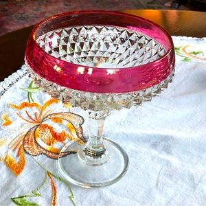 Vintage Indiana Glass Diamond Cut Pedestal Compote Dish. Ruby Flashing. 7.5"Tall
